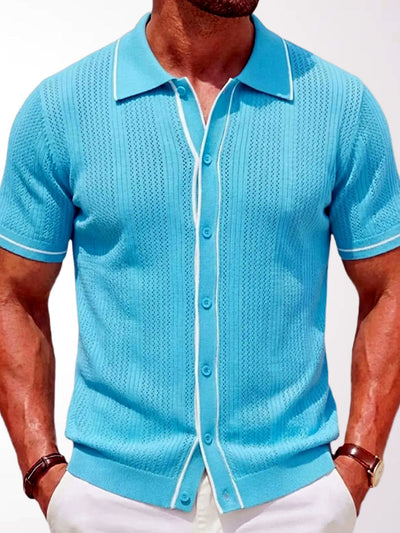 Men's Jacquard Knit Short Sleeve Polo Shirt Business Casual Summer Top in Blue - product view