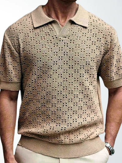 Men's Jacquard Knit Short Sleeve Polo Shirt Business Casual Summer Top in Khaki - product view
