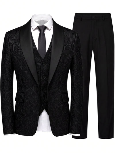 Men's Jacquard Blazer Suit Jacket One Button Party Banquet Formal Outfit in Black[] - product view