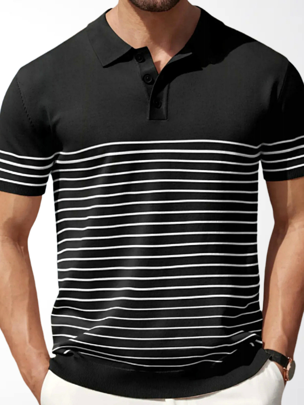 Men's Striped Jacquard Knit Short Sleeve Polo Shirt Business Casual Summer Top in Black - product view