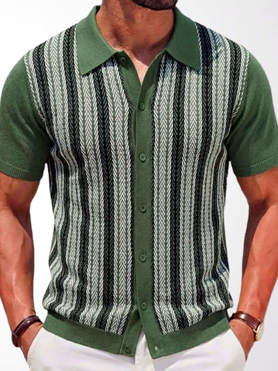 Men's Striped Jacquard Knit Short Sleeve Polo Shirt Business Casual Summer Top in Green - product view