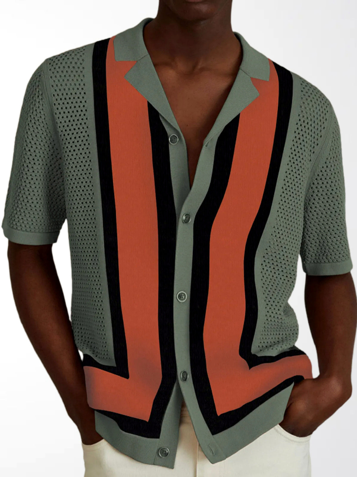 Men's Striped Jacquard Knit Short Sleeve Polo Shirt Business Casual Summer Top in Army Green - product view