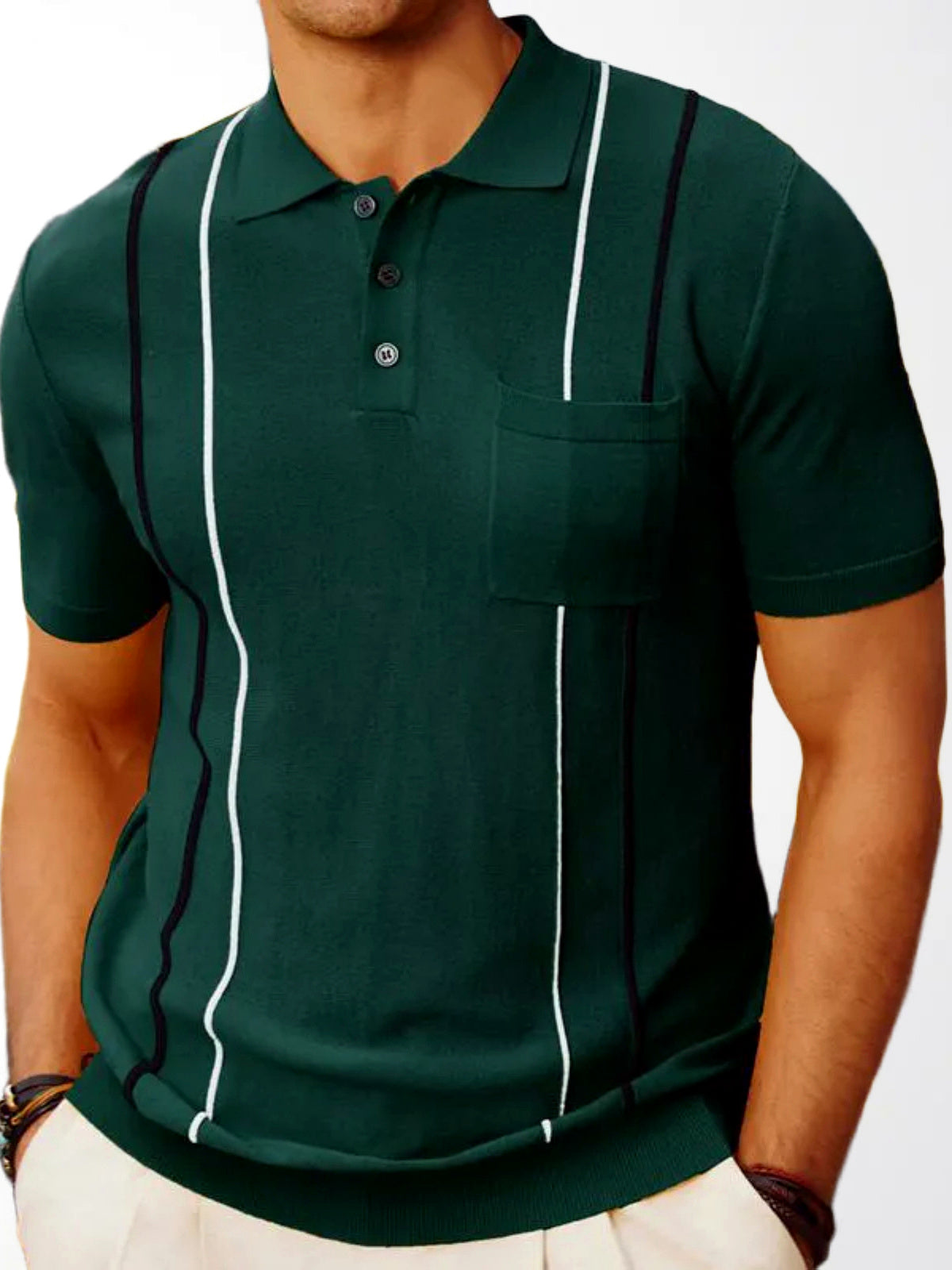 Men's Striped Jacquard Knit Short Sleeve Polo Shirt Business Casual Summer Top in Green - product view