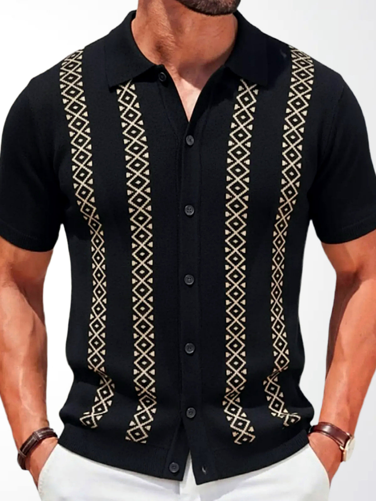 Men's Striped Jacquard Knit Short Sleeve Polo Shirt Business Casual Summer Top in Black - product view