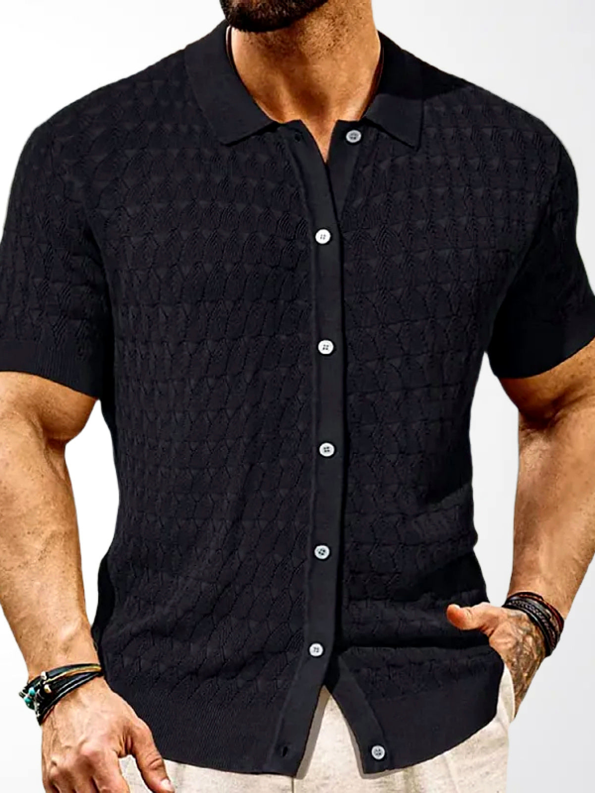 Men's Jacquard Knit Short Sleeve Polo Shirt Business Casual Summer Top in Black - product view
