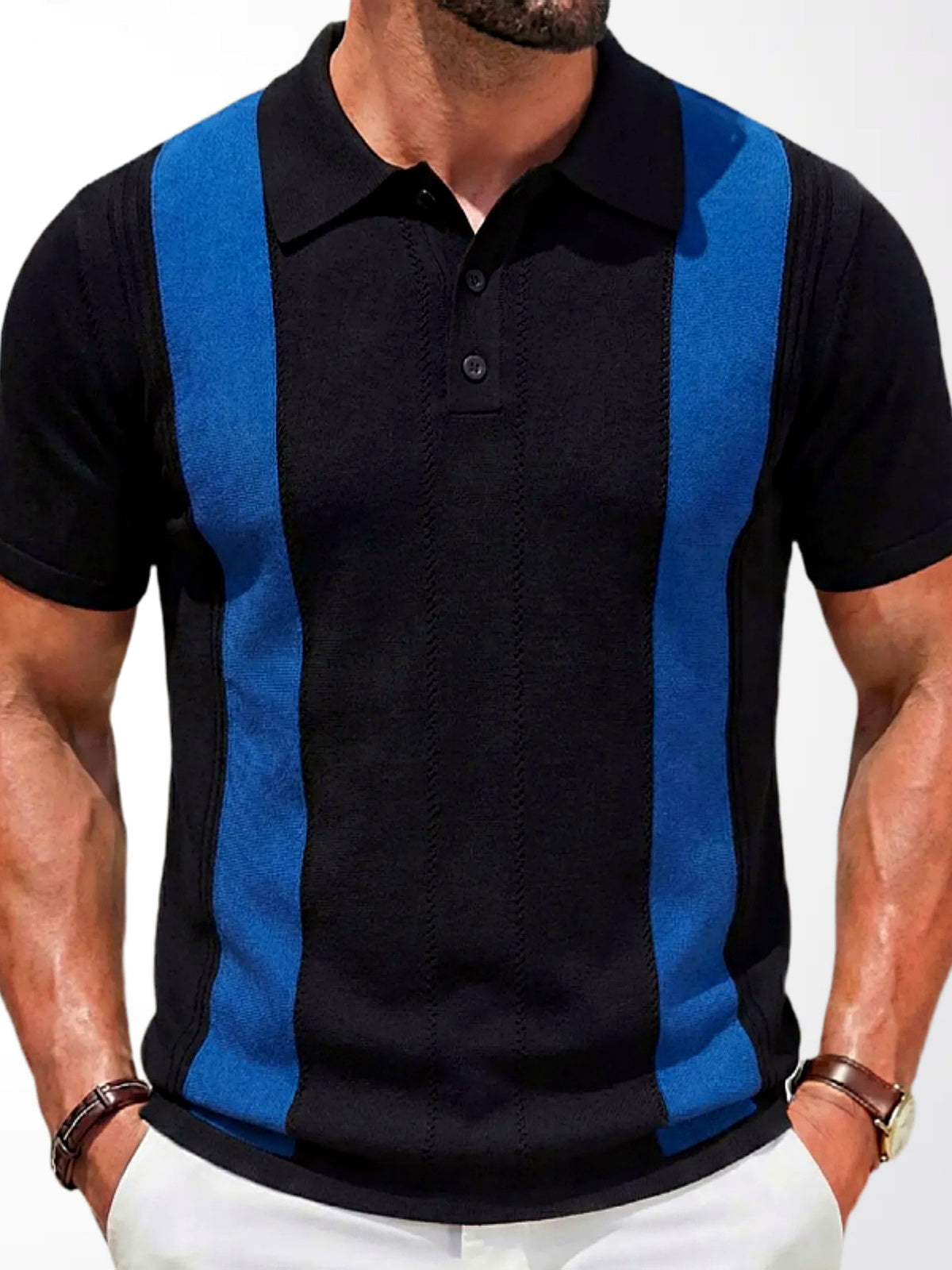 Men's Jacquard Knit Short Sleeve Polo Shirt Business Casual Summer Top in Black - product view