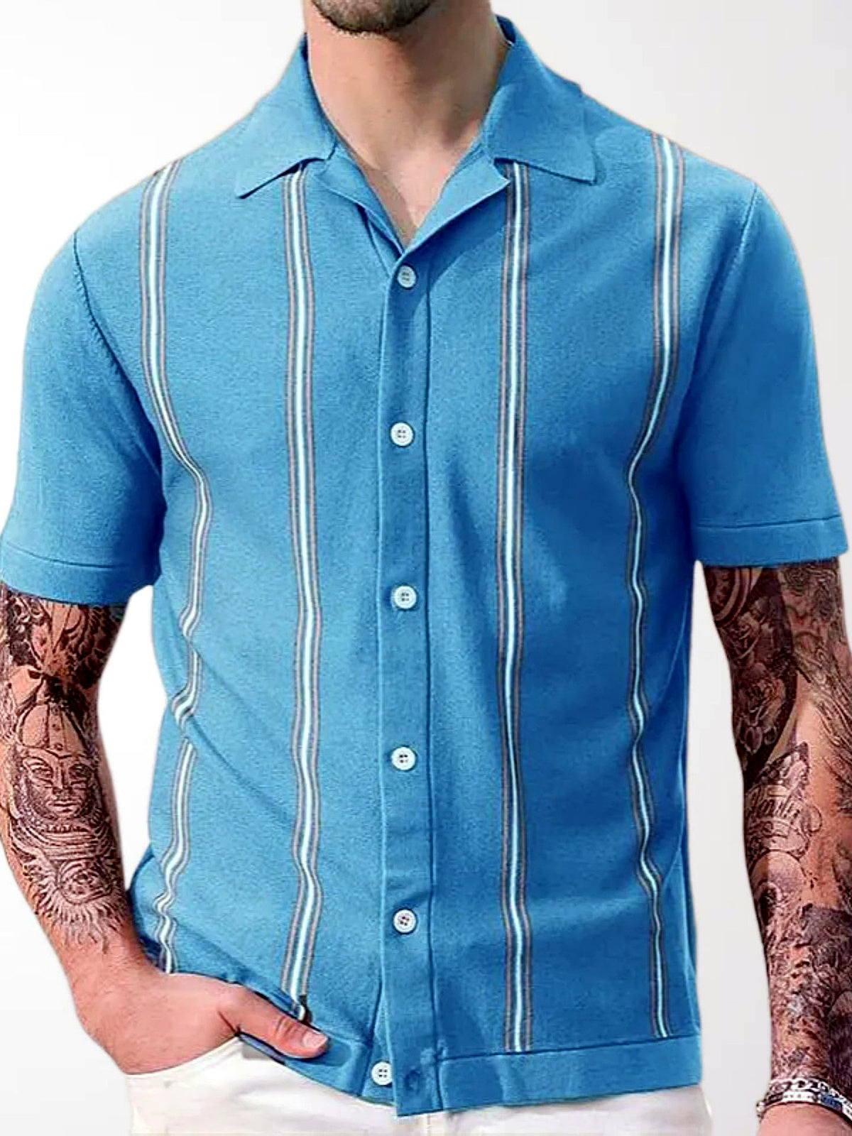 Men's Striped Jacquard Knit Short Sleeve Polo Shirt Business Casual Summer Top in Blue - product view