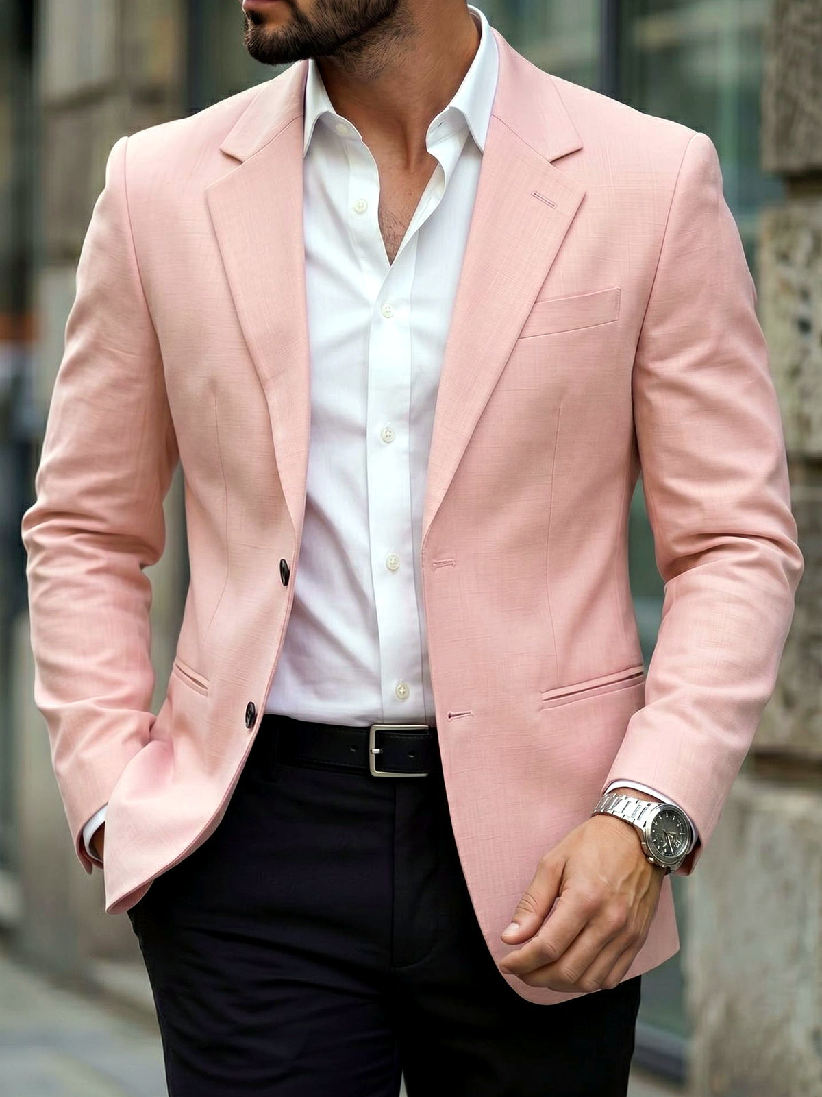 Men's Jacquard Blazer Suit Jacket One Button Party Banquet Formal Outfit in Pink - product view