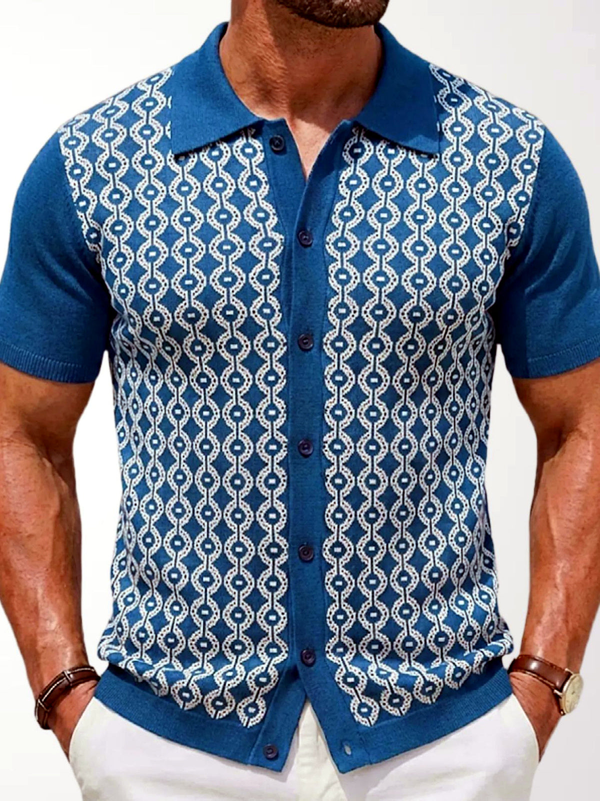 Men's Jacquard Knit Short Sleeve Polo Shirt Business Casual Summer Top in Blue - product view