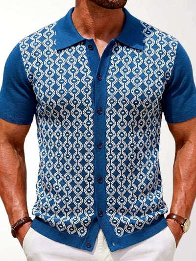Men's Jacquard Knit Short Sleeve Polo Shirt Business Casual Summer Top in Blue - product view