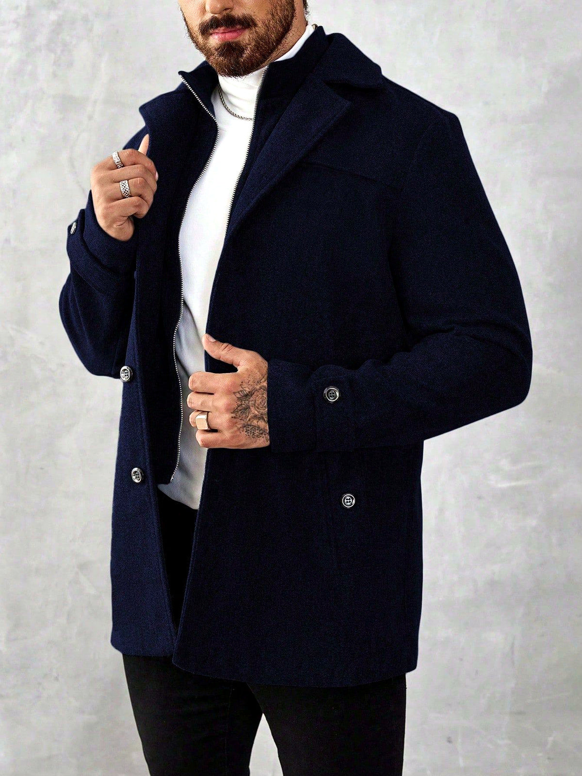 Men's Lapel Collar Mid-Length Jacket for Everyday Smart-Casual Wear in Blue - product view