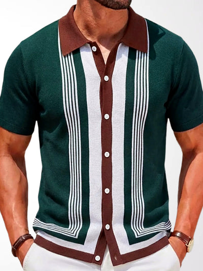 Men's Striped Jacquard Knit Short Sleeve Polo Shirt Business Casual Summer Top in Green - product view