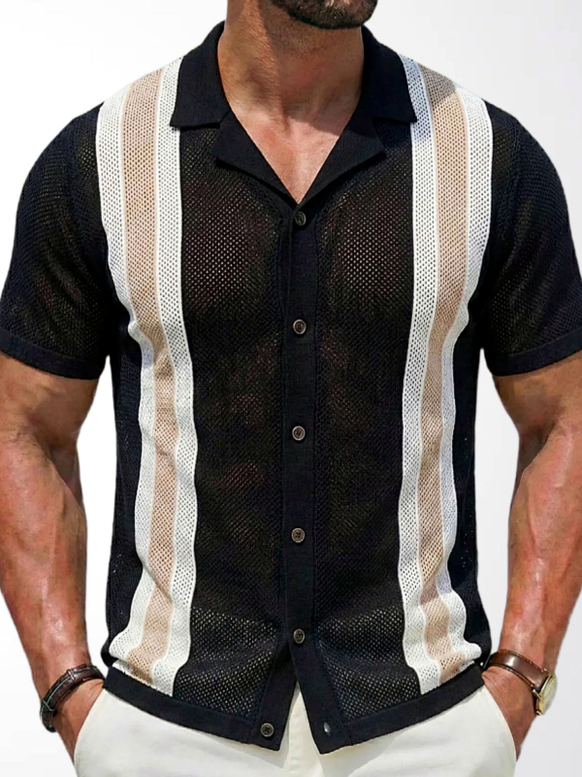 Men's Jacquard Knit Short Sleeve Polo Shirt Business Casual Summer Top in Black - product view