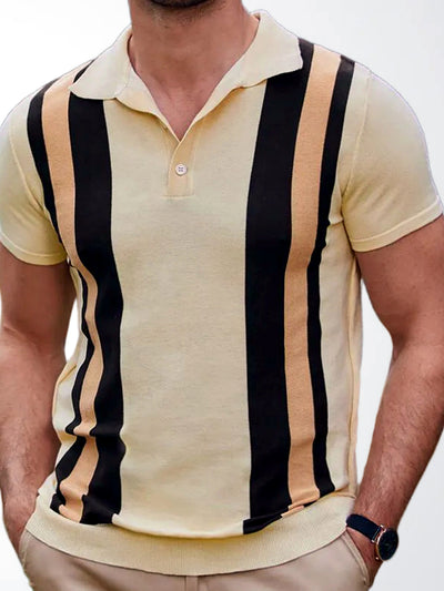 Men's Striped Jacquard Knit Short Sleeve Polo Shirt Business Casual Summer Top in Apricot - product view