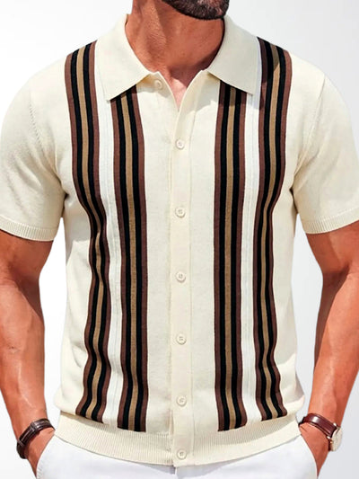 Men's Jacquard Knit Short Sleeve Polo Shirt Business Casual Summer Top in Apricot - product view