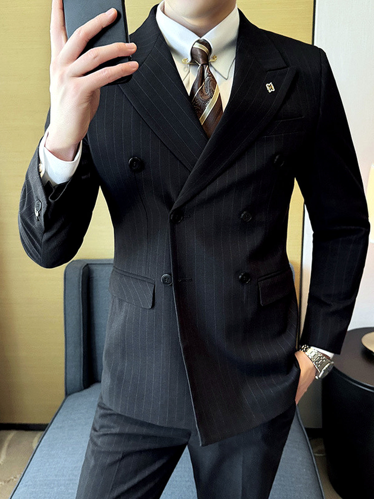 Men's Lightweight Business Blazer and Pants Set Casual Suit Outfit in Black - product view
