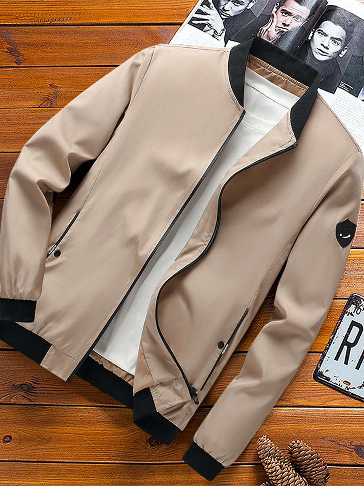 Men's Stand Collar Solid Color Slim Fit Long Sleeve Jacket for Everyday Smart-Casual Wear in Khaki - product view
