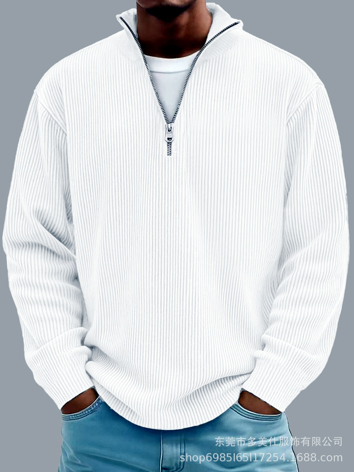 Men's Corduroy Quarter-Zip Stand Collar Long Sleeve Polo Shirt in White - product view