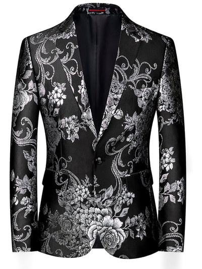 Men's Jacquard Blazer Suit Jacket One Button Party Banquet Formal Outfit in Black - product view
