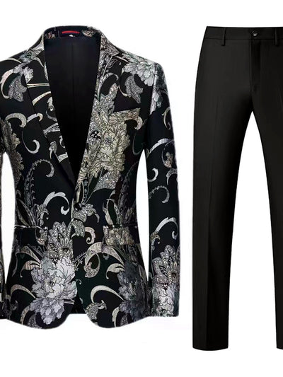 Men's Jacquard Blazer Suit Jacket One Button Party Banquet Formal Outfit in Black+Black - product view