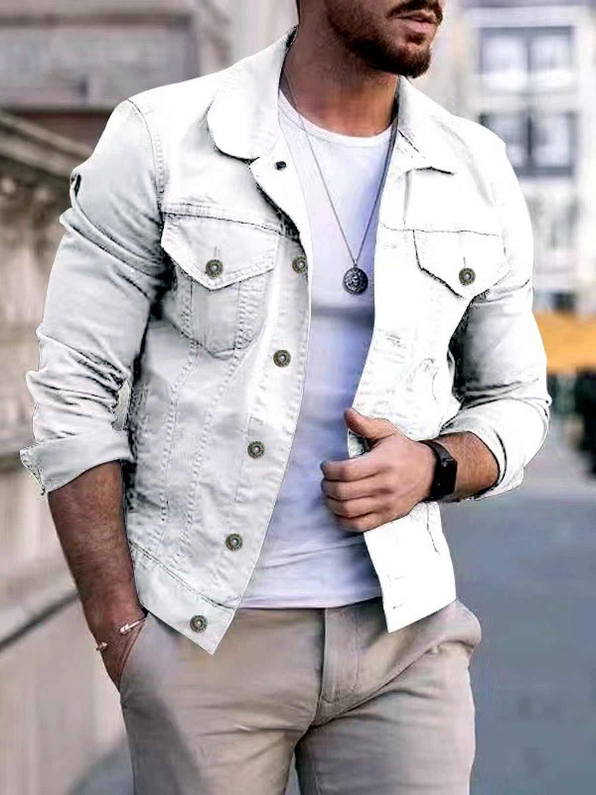 Men's Stand Collar Solid Color Slim Fit Long Sleeve Jacket for Everyday Smart-Casual Wear in White - product view