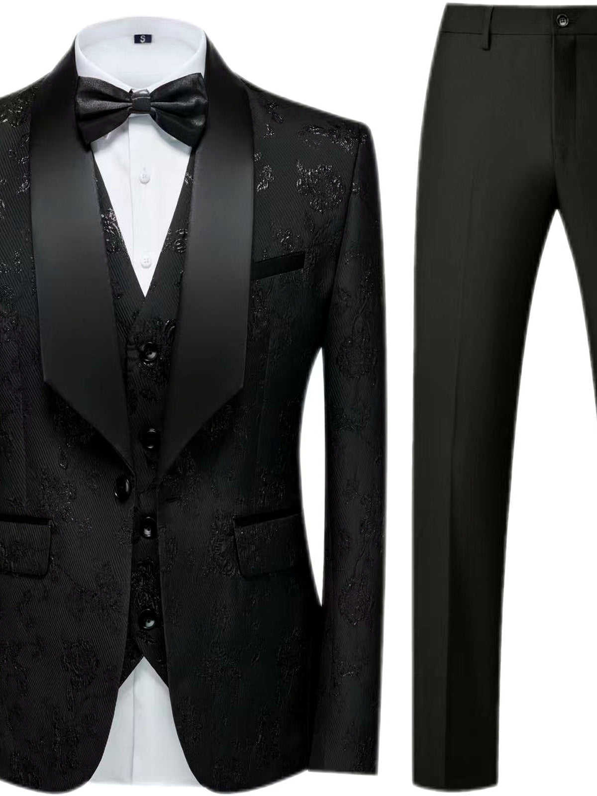 Men's Jacquard Blazer Suit Jacket One Button Party Banquet Formal Outfit in Black - product view