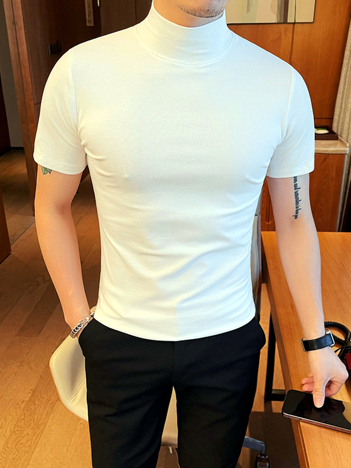 Men's Quick-Dry Henley Short Sleeve T-Shirt in White - product view
