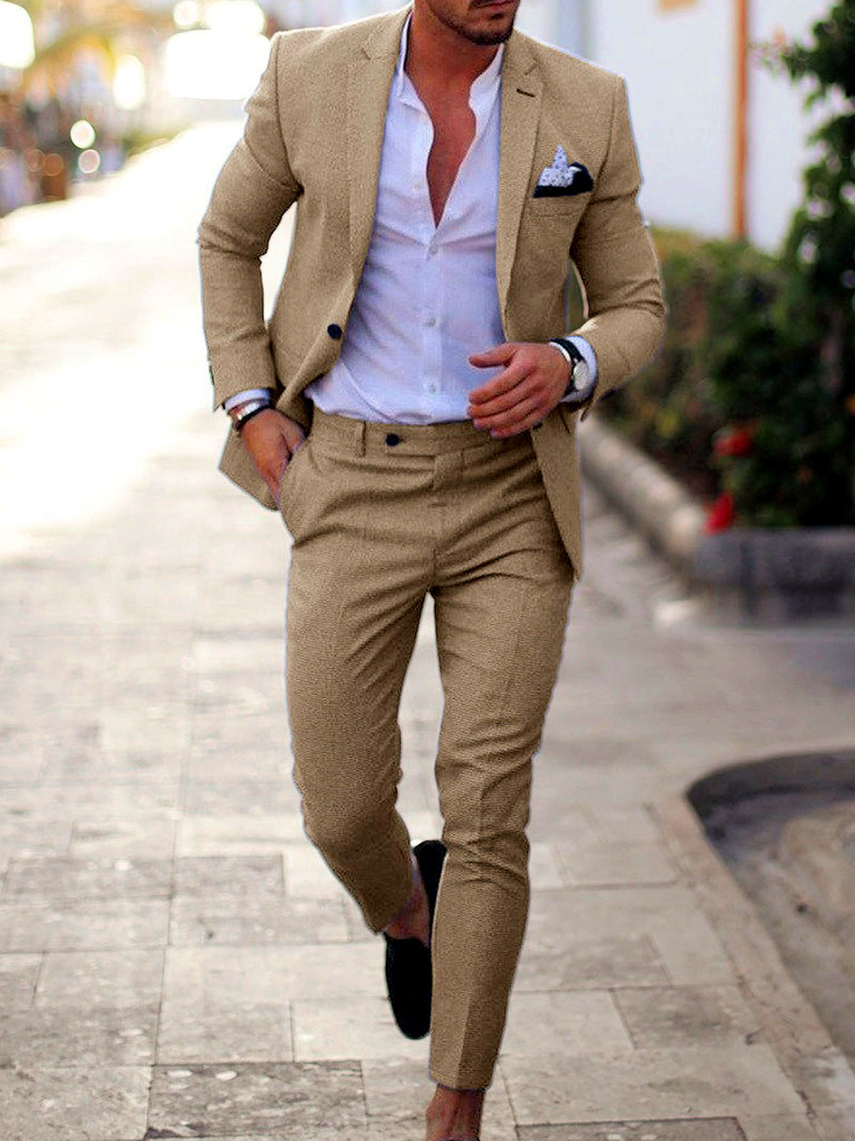 Men's Lightweight Business Blazer and Pants Set Casual Suit Outfit in Khaki - product view