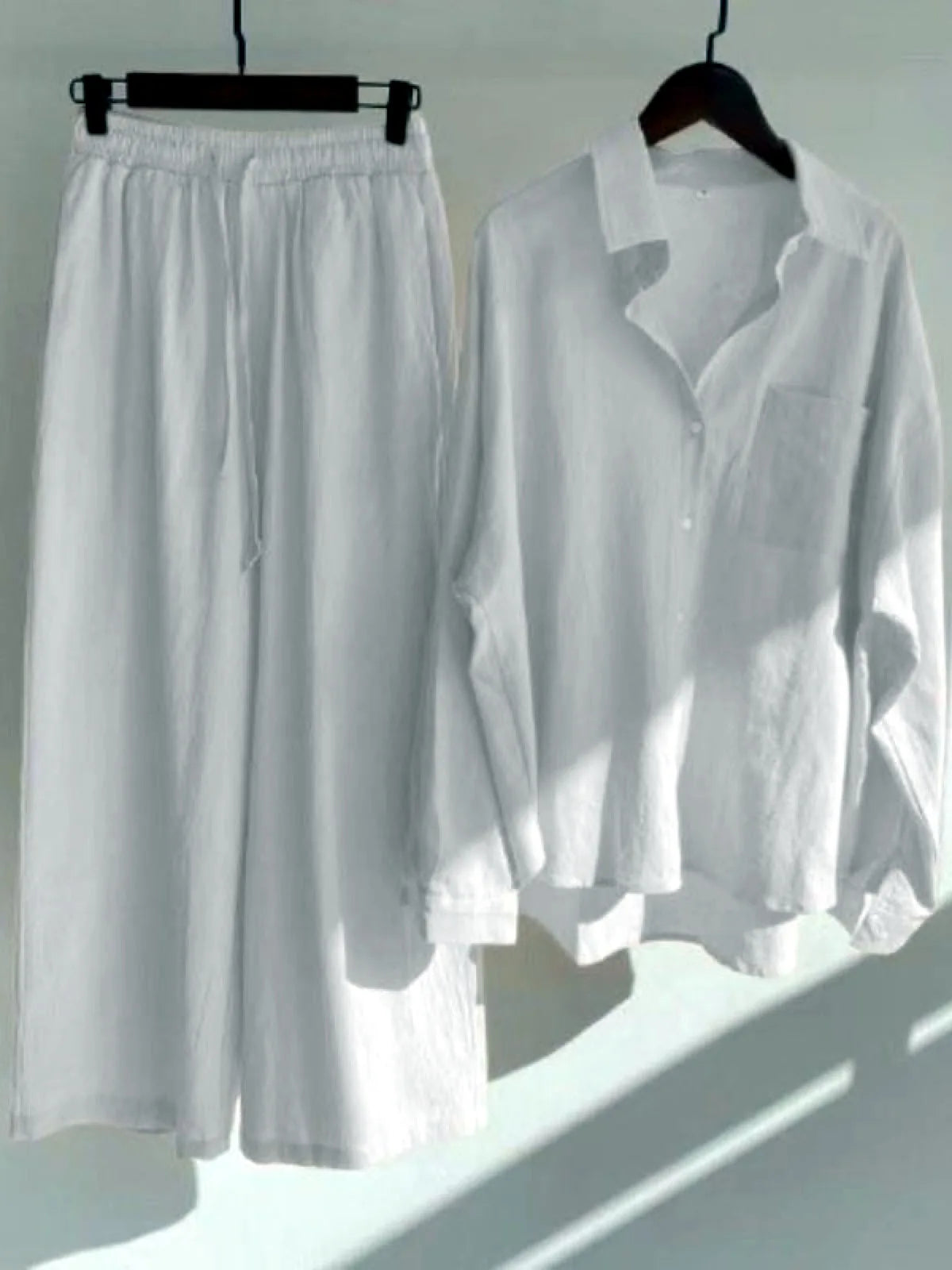 Women's Cotton Linen Button-Up Shirt & Wide-Leg Pants Set in White - product view