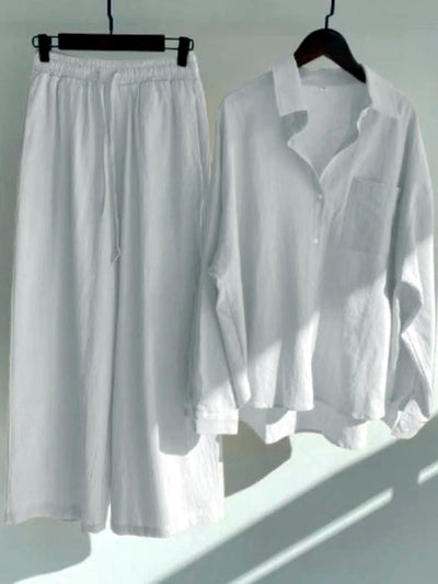 Women's Cotton Linen Button-Up Shirt & Wide-Leg Pants Set in White - product view