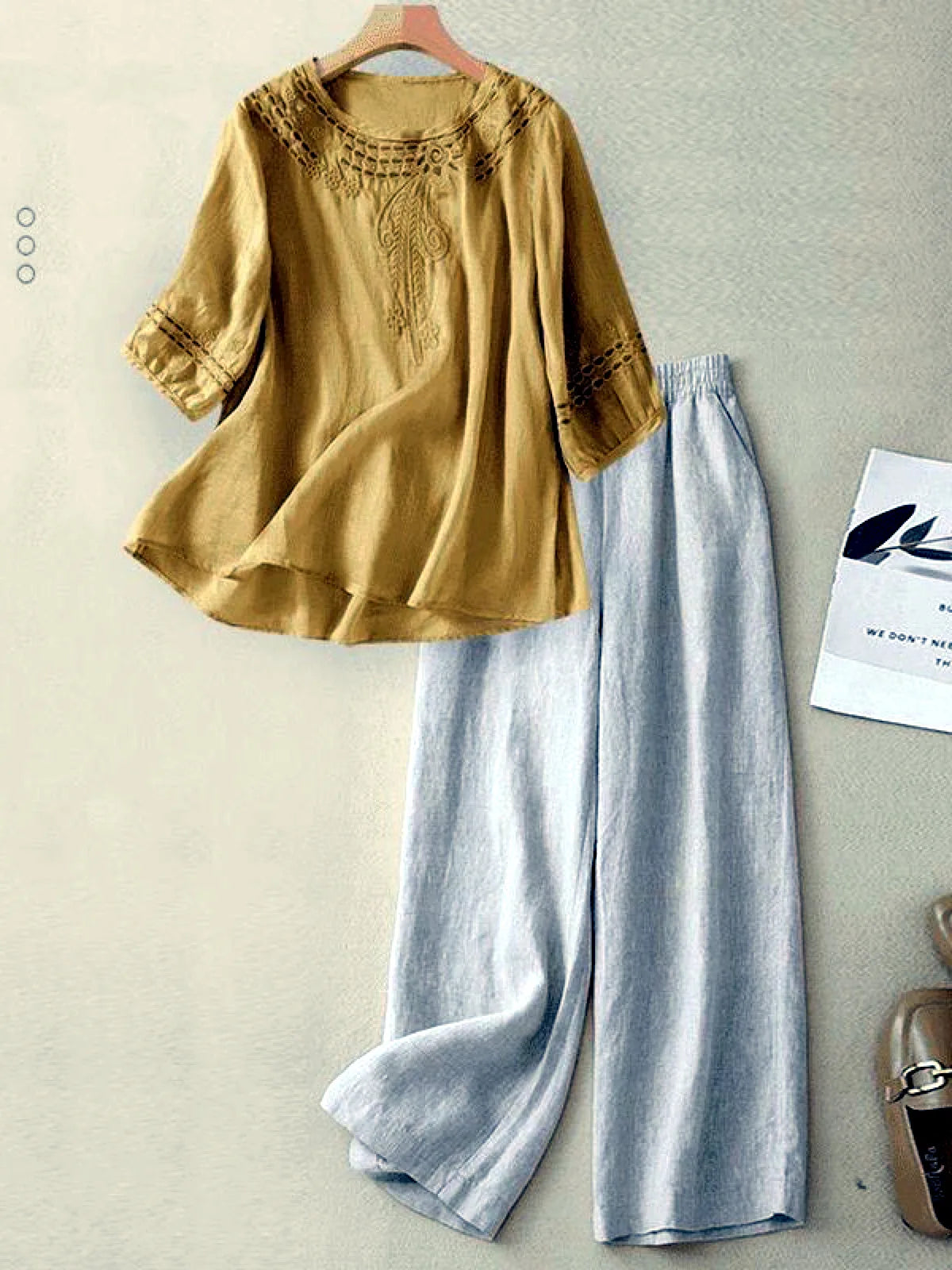 Women's Embroidered Cotton-Linen Tunic & Wide-Leg Pants Set in Yellow - product view