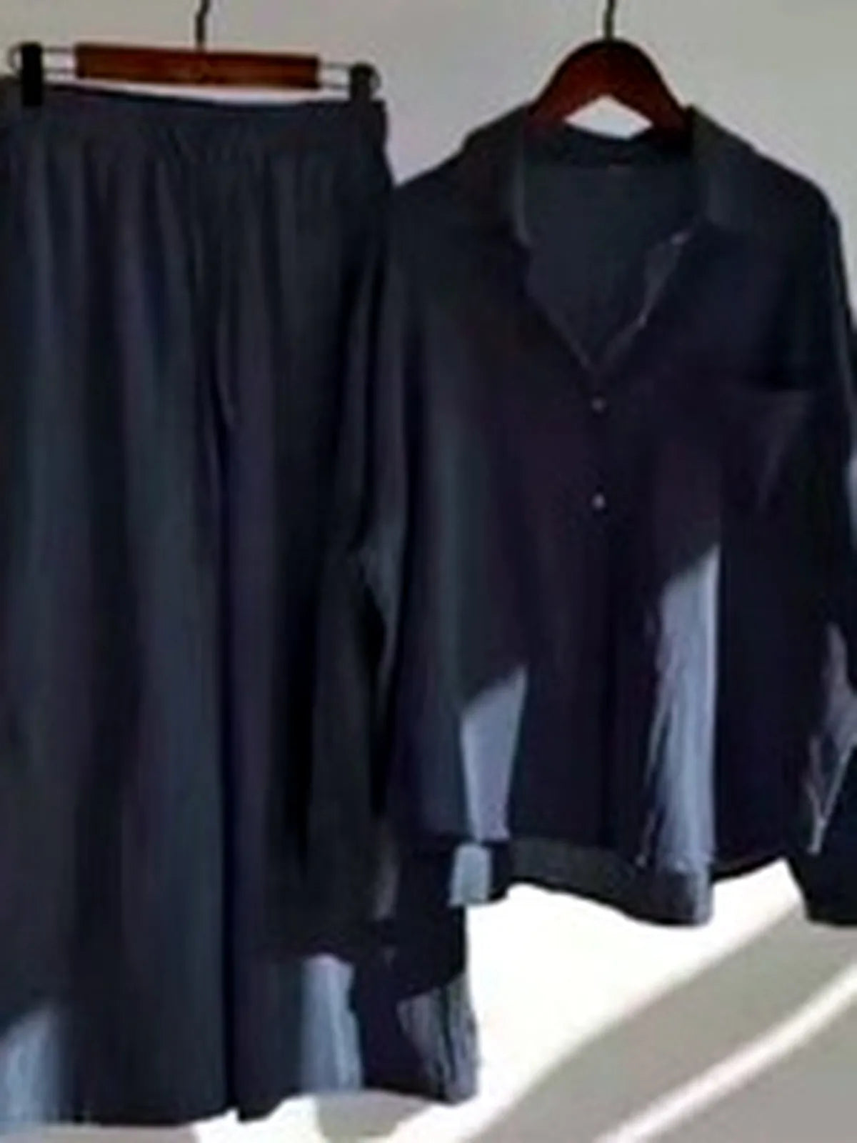 Women's Cotton Linen Two Piece Set with Shirt and Pants in Navy - product view