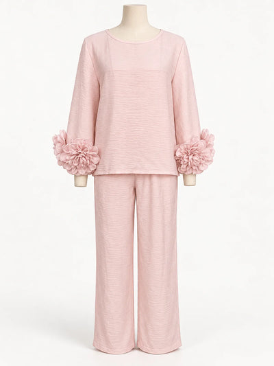 Floral-Cuff Top & Wide-Leg Pants Set - product view 2