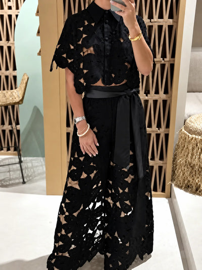 Women's Top and Wide-Leg Pants Two-Piece Set in Black - product view