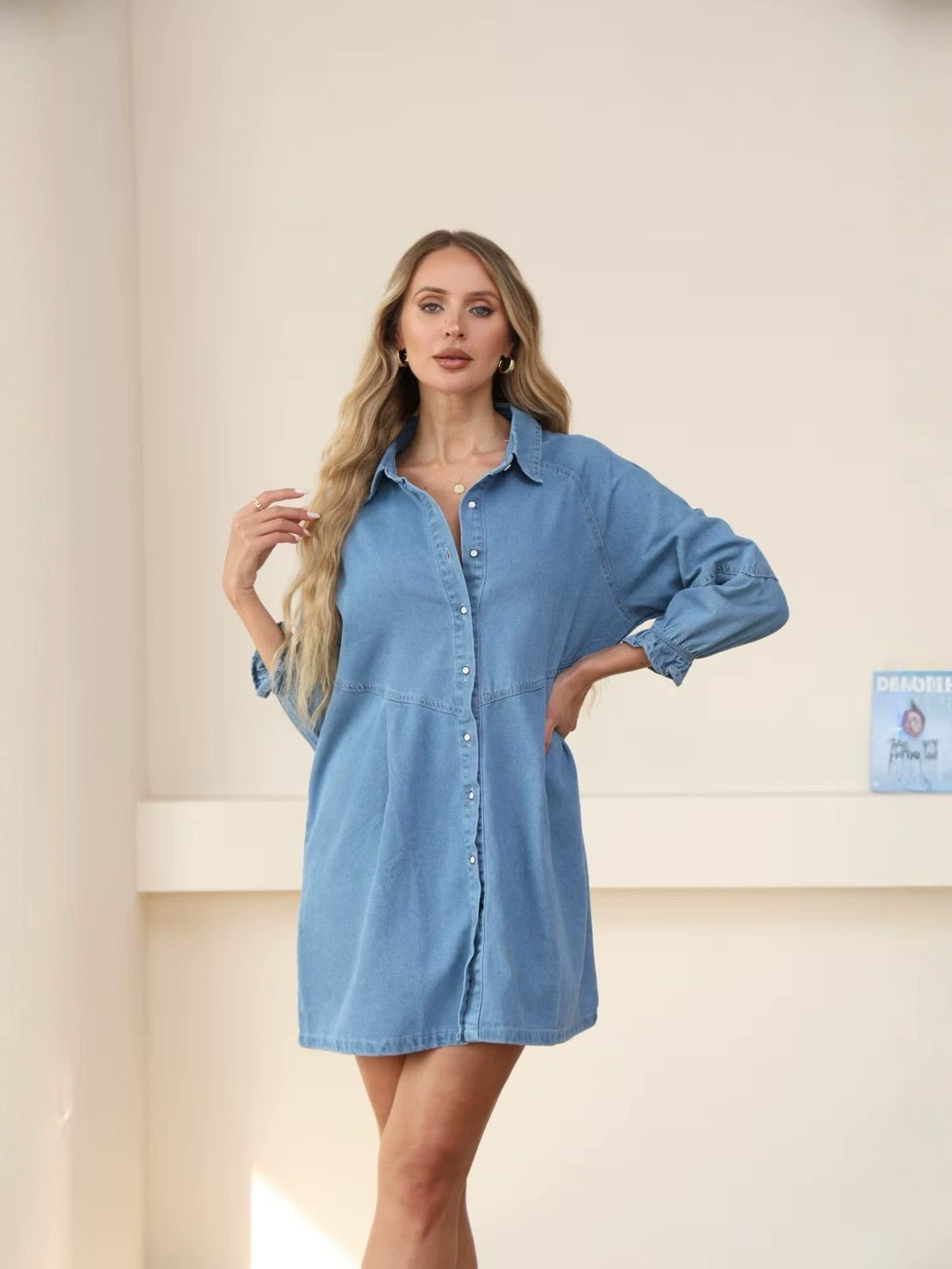 Women's Denim Shirt Dress Seven Quarter Sleeve Loose Casual Spring Dress product image