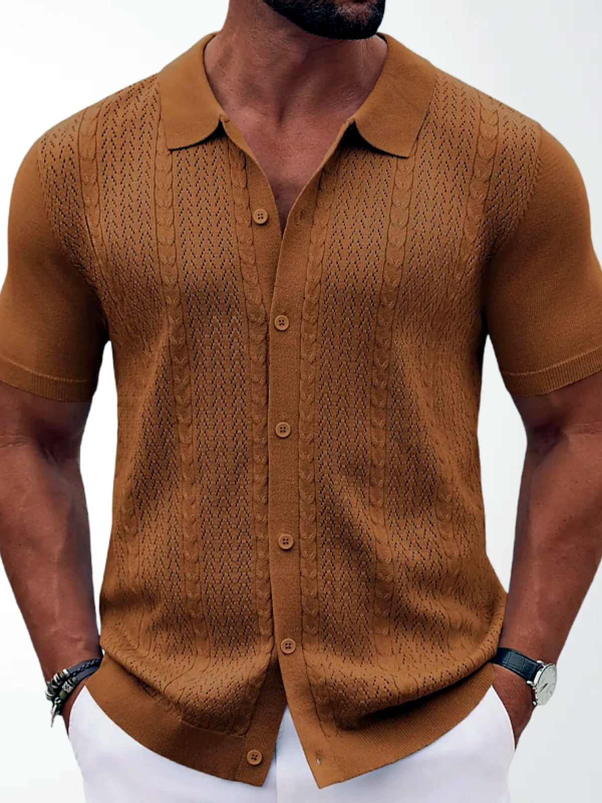 Men's Jacquard Knit Short Sleeve Polo Shirt Business Casual Summer Top - product detail view 1