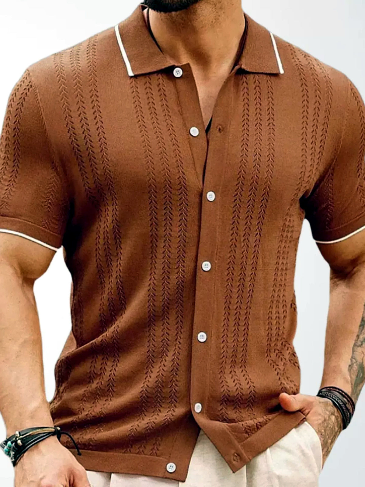 Men's Jacquard Knit Short Sleeve Polo Shirt Business Casual Summer Top - product detail view 1