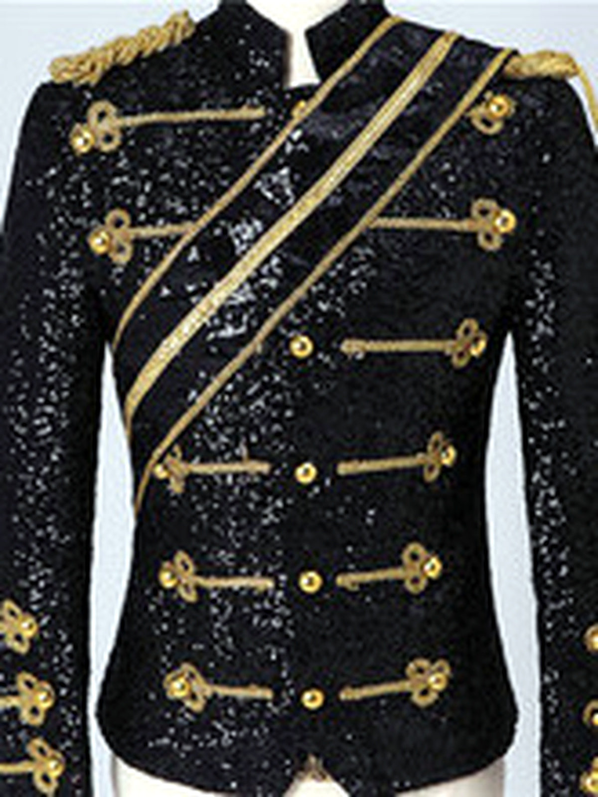 Men's Stand Collar Sequin Military-Inspired Slim Fit Long Sleeve Performance Jacket for Stage Shows and Events - product