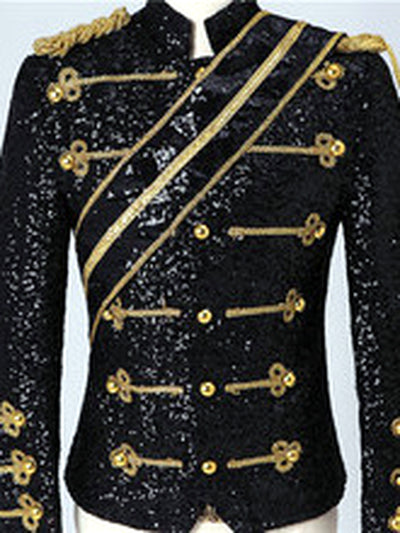 Men's Stand Collar Sequin Military-Inspired Slim Fit Long Sleeve Performance Jacket for Stage Shows and Events - product