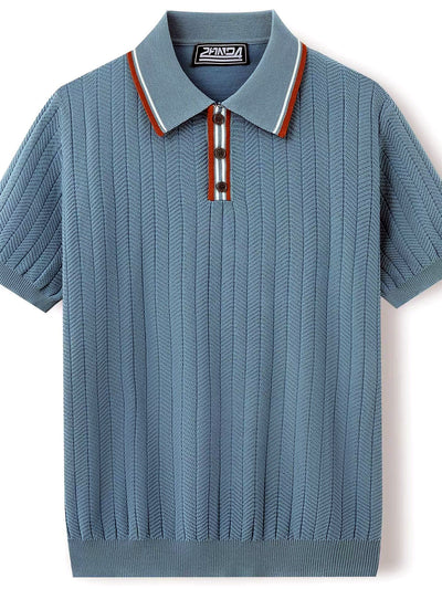 Men's Striped Jacquard Knit Short Sleeve Polo Shirt Business Casual Summer Top - product detail view 2