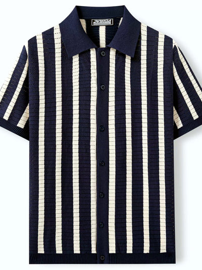 Men's Striped Jacquard Knit Short Sleeve Polo Shirt Business Casual Summer Top - product detail view 1