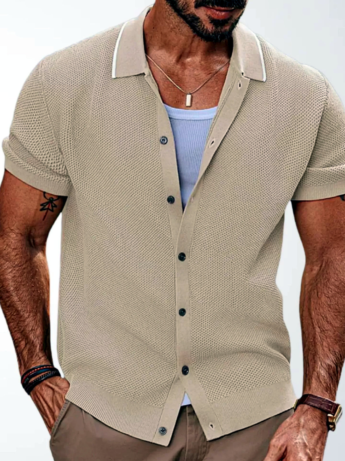 Men's Jacquard Knit Short Sleeve Polo Shirt Business Casual Summer Top - product detail view 2