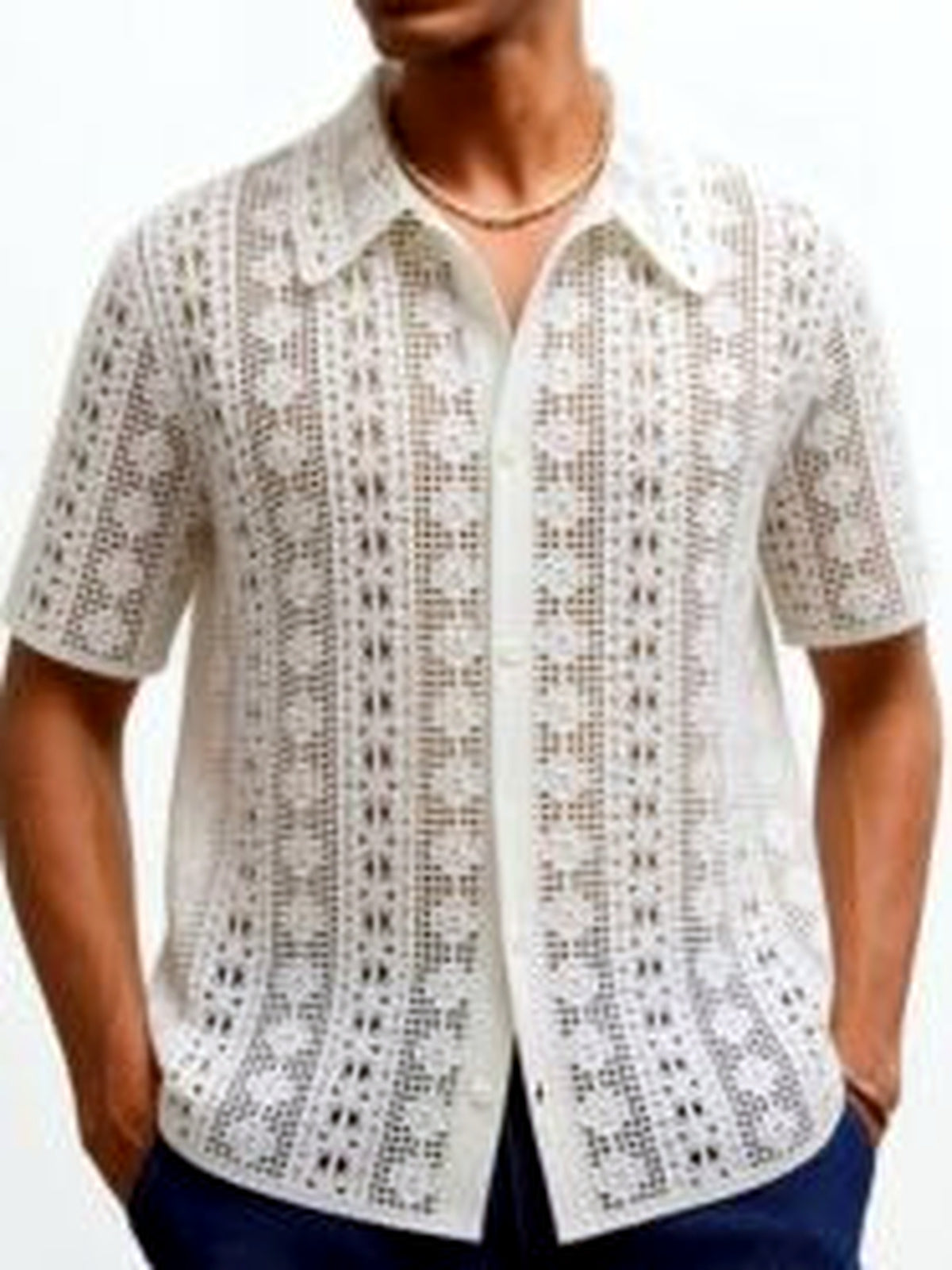 Men's Jacquard Knit Short Sleeve Polo Shirt Business Casual Summer Top - product detail view 2
