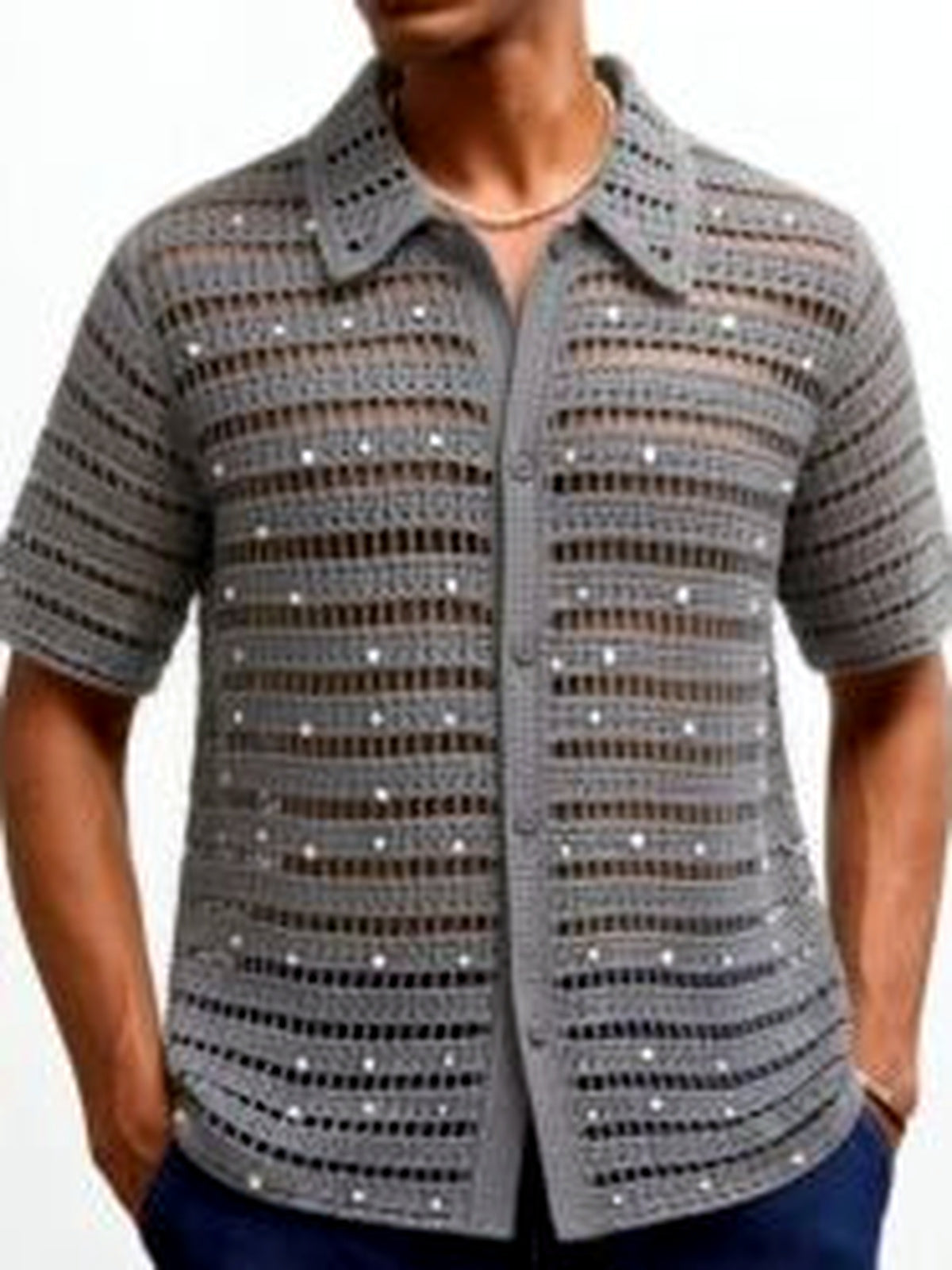 Men's Jacquard Knit Short Sleeve Polo Shirt Business Casual Summer Top - product detail view 2
