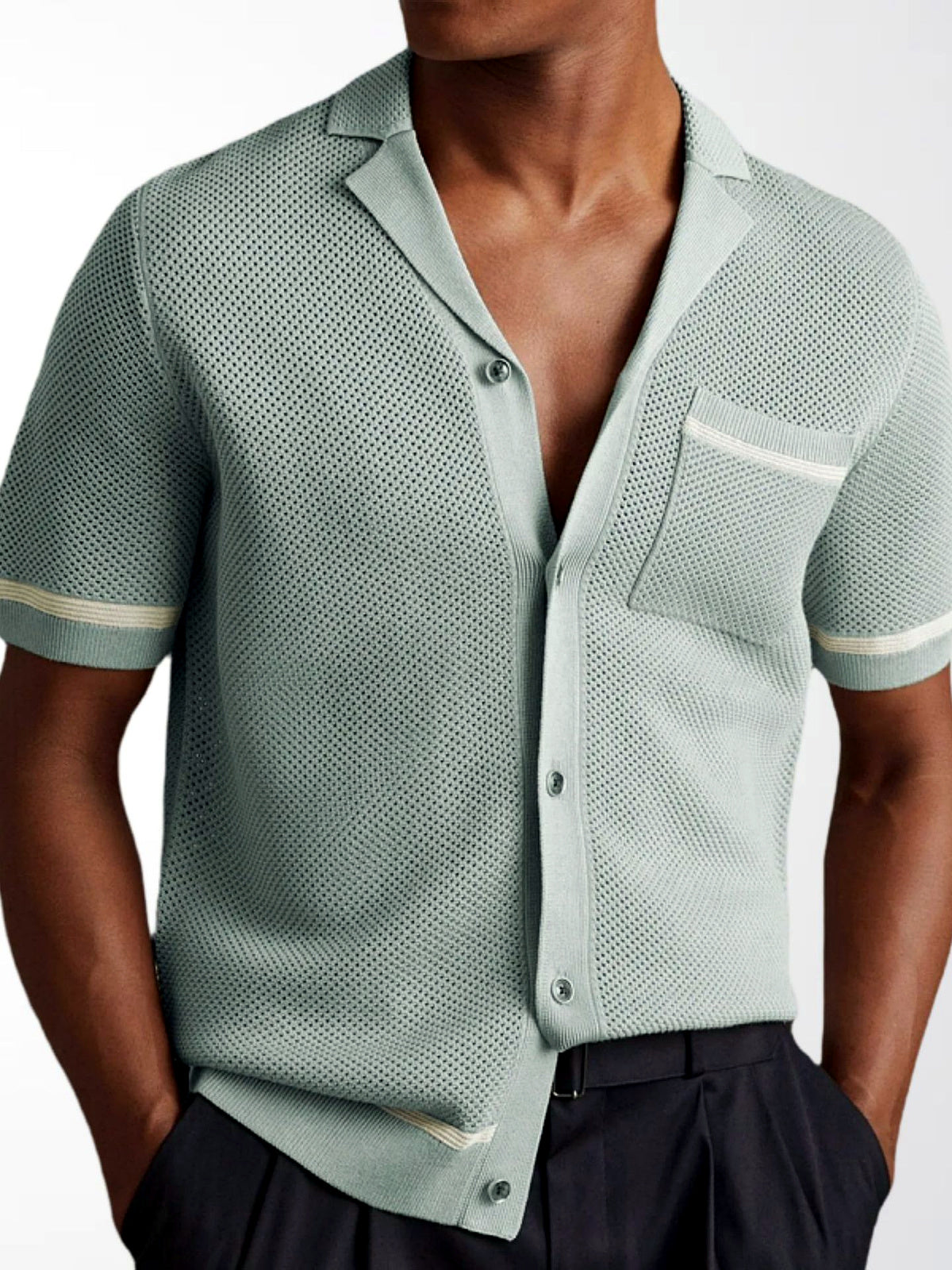 Men's Jacquard Knit Short Sleeve Polo Shirt Business Casual Summer Top in Gray - product view