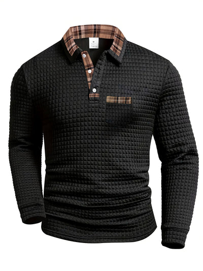 Men's Plaid Patchwork Pocket Long Sleeve Polo Shirt in Black - product view