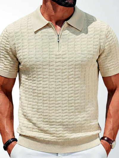 Men's Jacquard Knit Short Sleeve Polo Shirt Business Casual Summer Top in Apricot - product view