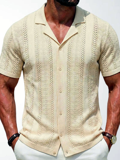 Men's Jacquard Knit Short Sleeve Polo Shirt Business Casual Summer Top in Apricot - product view