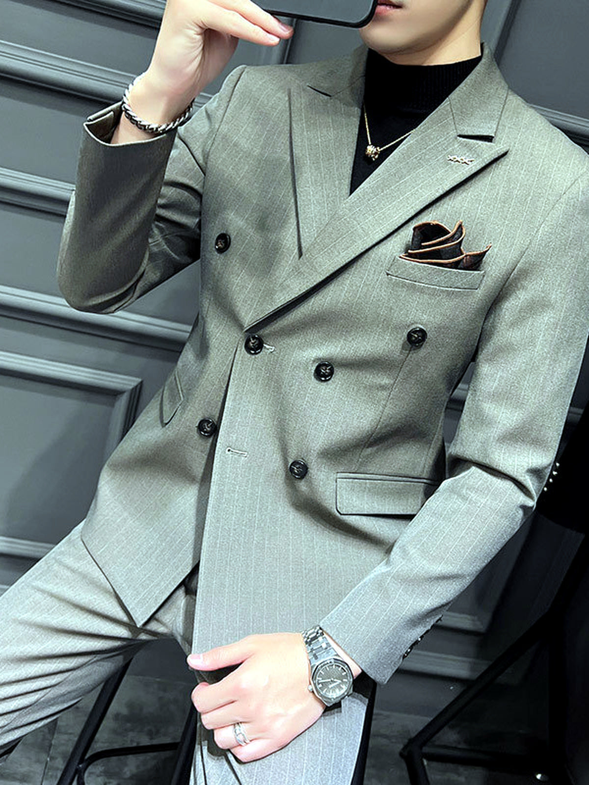 Men's Lightweight Business Blazer and Pants Set Casual Suit Outfit in Coffee Brown - product view