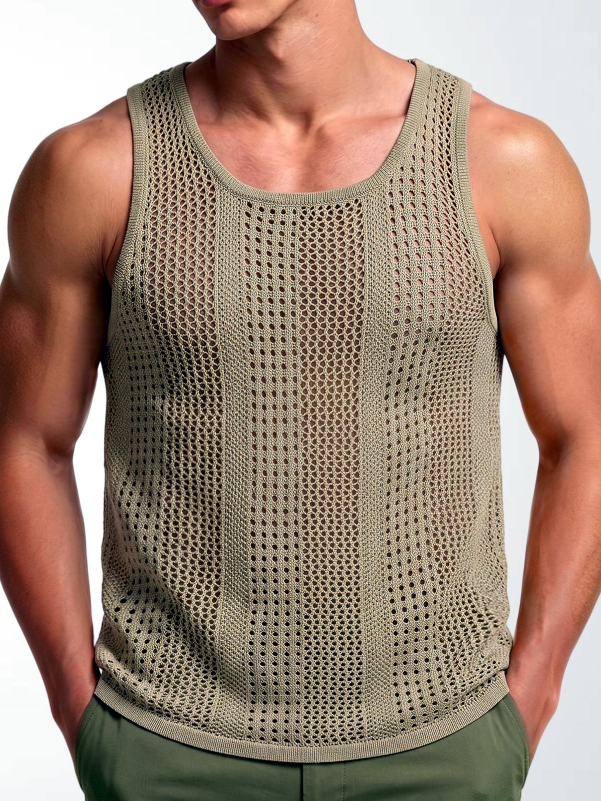 Men's Sleeveless Linen Vest Shirt Lightweight Casual Summer Top in Khaki - product view